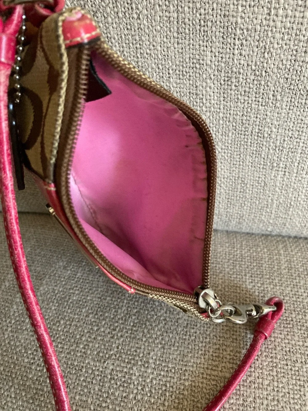 Coach Brown Signature Canvas Wristlet with Pink Leather Trim